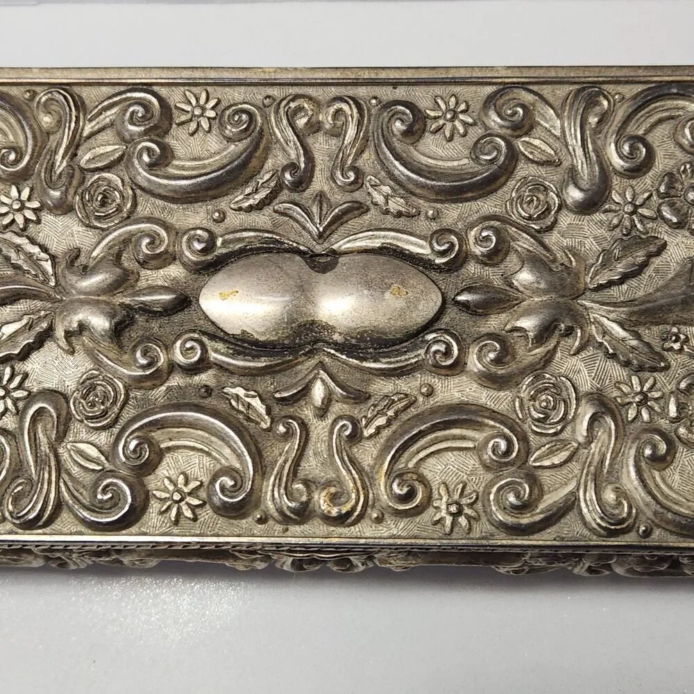 Godinger Vintage 1992 Silver Plate Ornate Rectangle Jewelry  Hinged Box Velvet